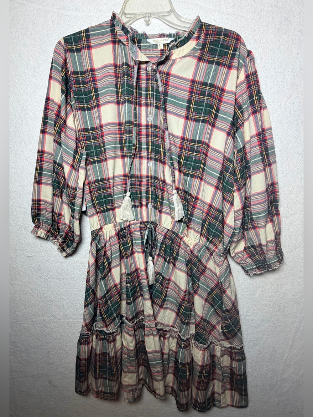 NWT Simply Southern Holiday Spirit Plaid Tiered Dress Tassels Size L